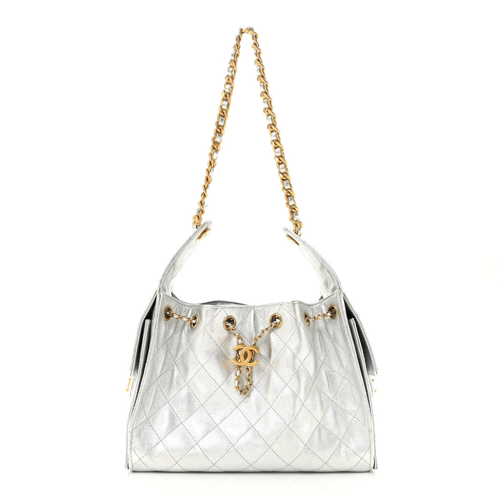 Metallic Caviar Quilted Small Chanel 25 Handbag Silver