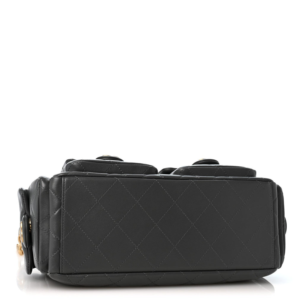 Shiny Lambskin Quilted Trendy Pockets Hobo Dark Grey