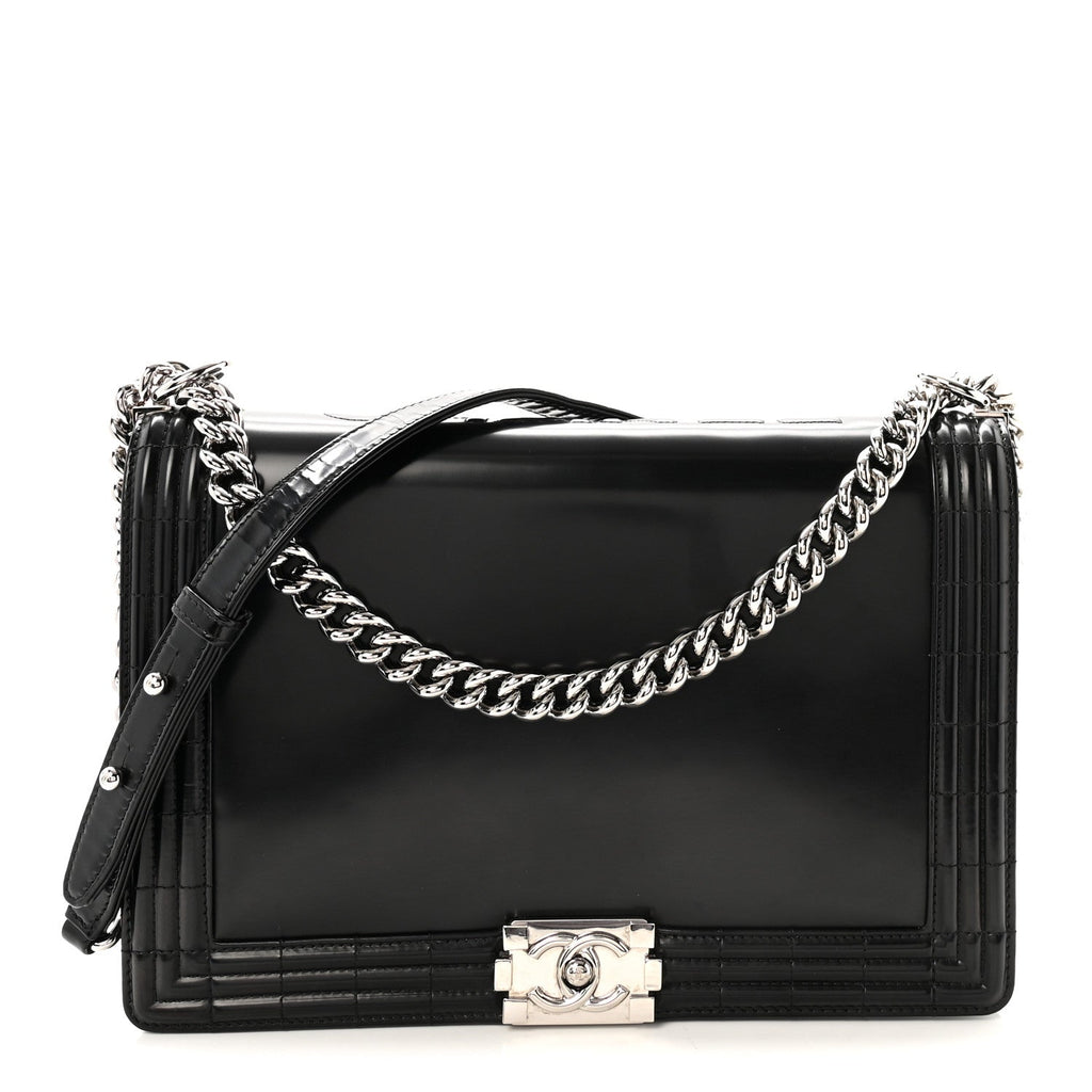 Glazed Calfskin Large Boy Flap Black
