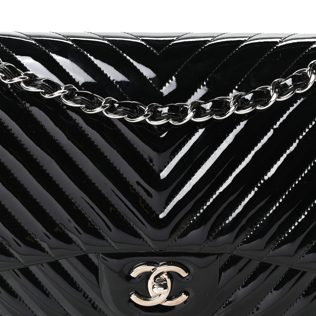 Patent Chevron Quilted Jumbo Double Flap Black