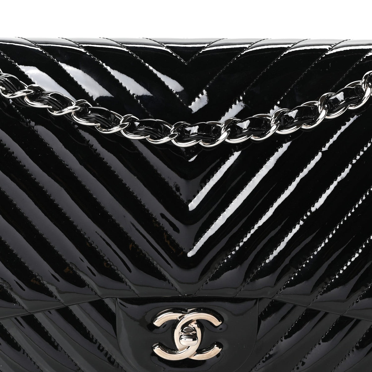 Patent Chevron Quilted Jumbo Double Flap Black