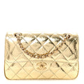 Hammered Metallic Calfskin Quilted Small Double Flap Gold