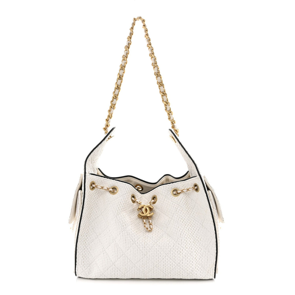 Braided Raffia Calfskin Quilted Small Chanel 25 Handbag White Black