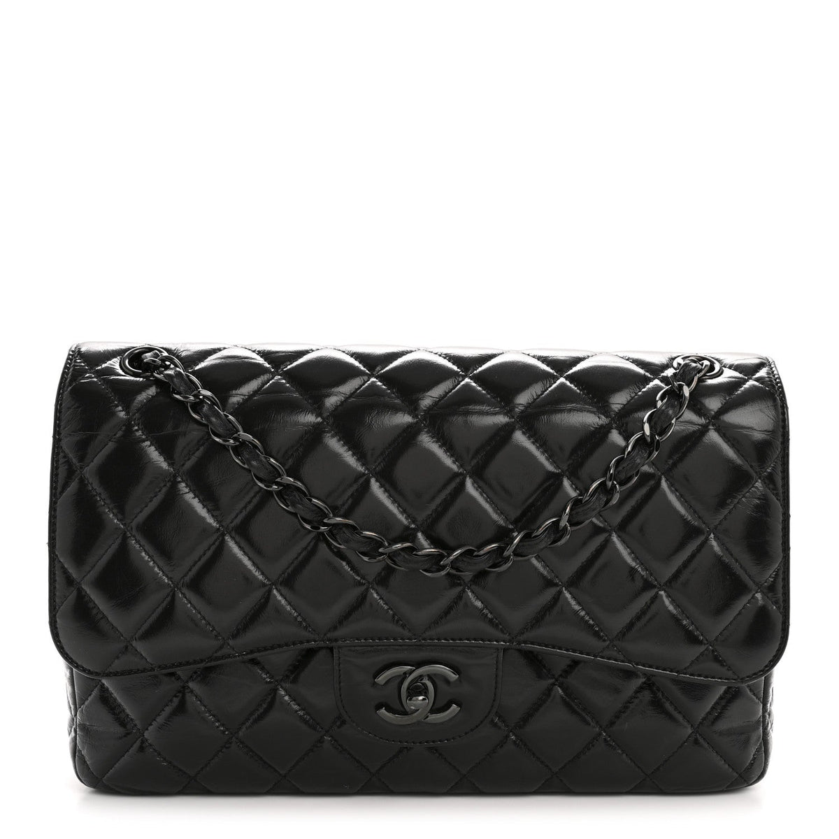 Shiny Crumpled Calfskin Quilted Jumbo Double Flap So Black
