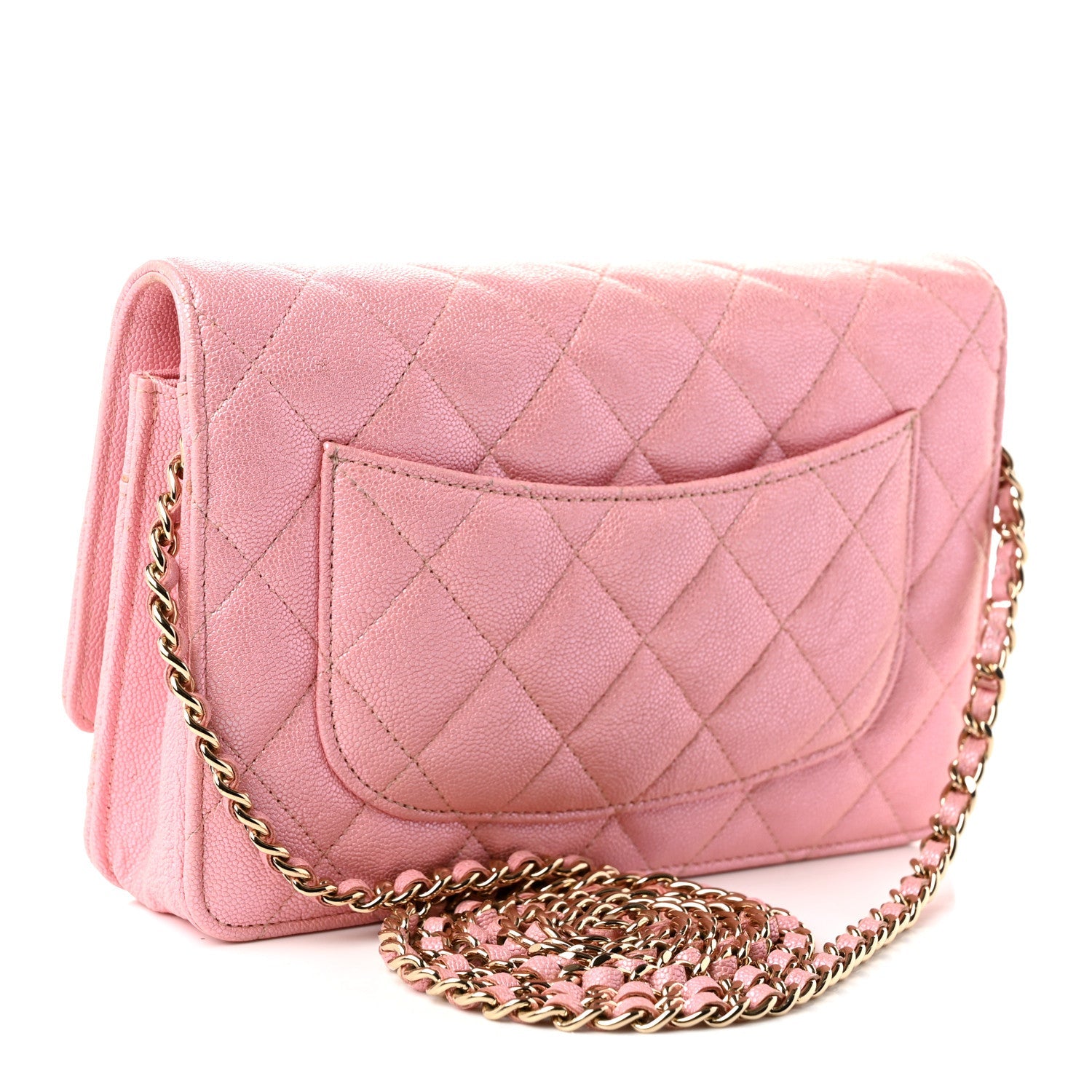 Iridescent Caviar Quilted Wallet on Chain WOC Rose Pink