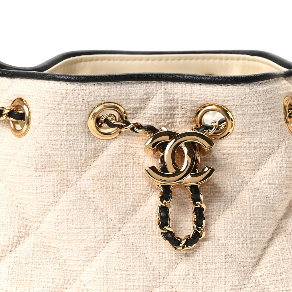 Canvas Calfskin Quilted Mini Chanel 25 Handbag Ecru Black