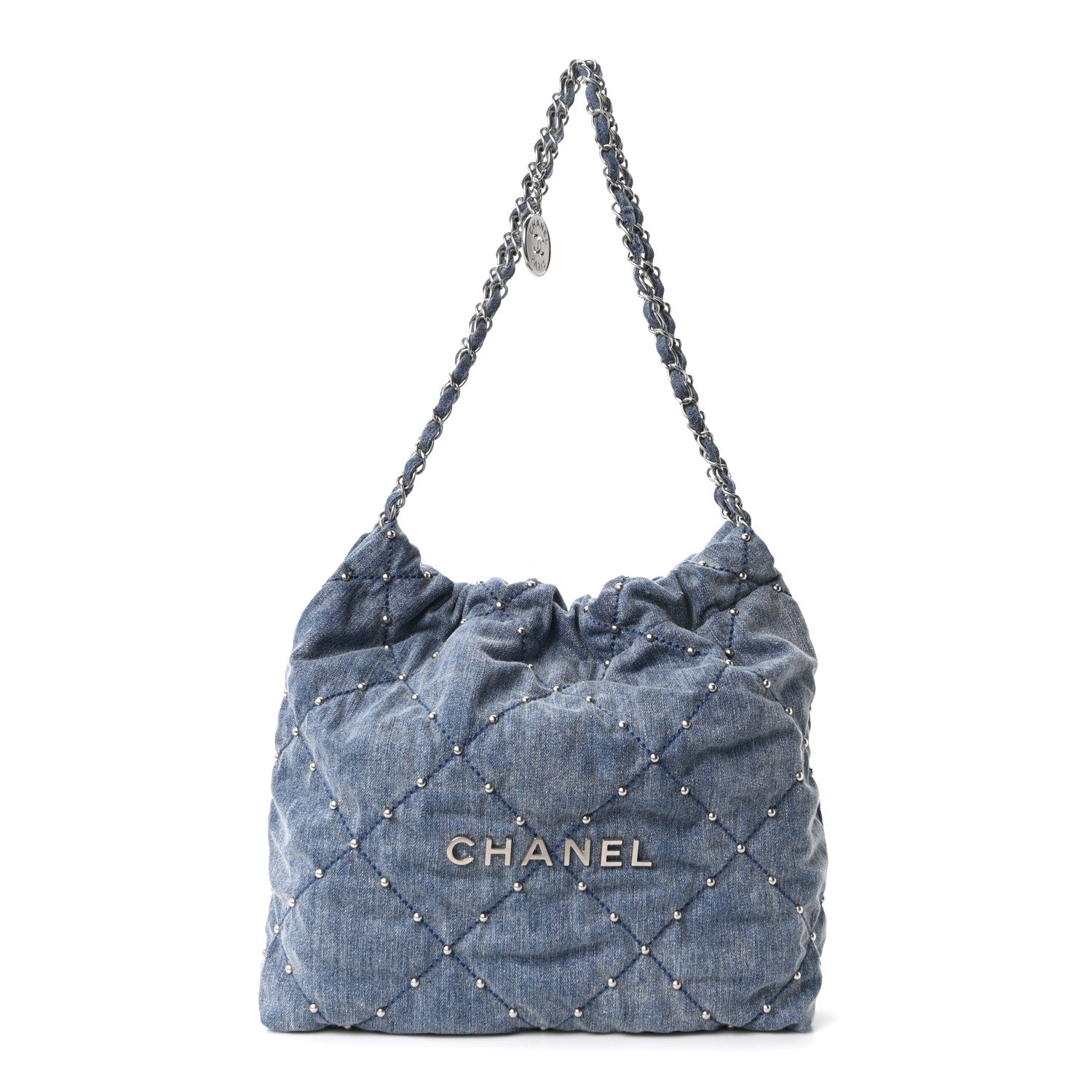 Washed Denim Quilted Studded Small Chanel 22 Blue