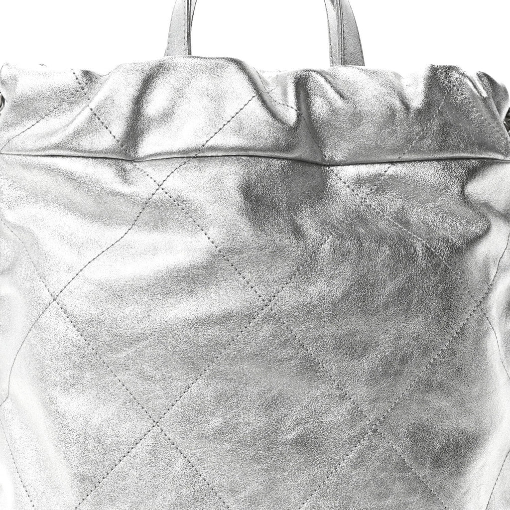 Metallic Calfskin Quilted Chanel 22 Backpack Silver