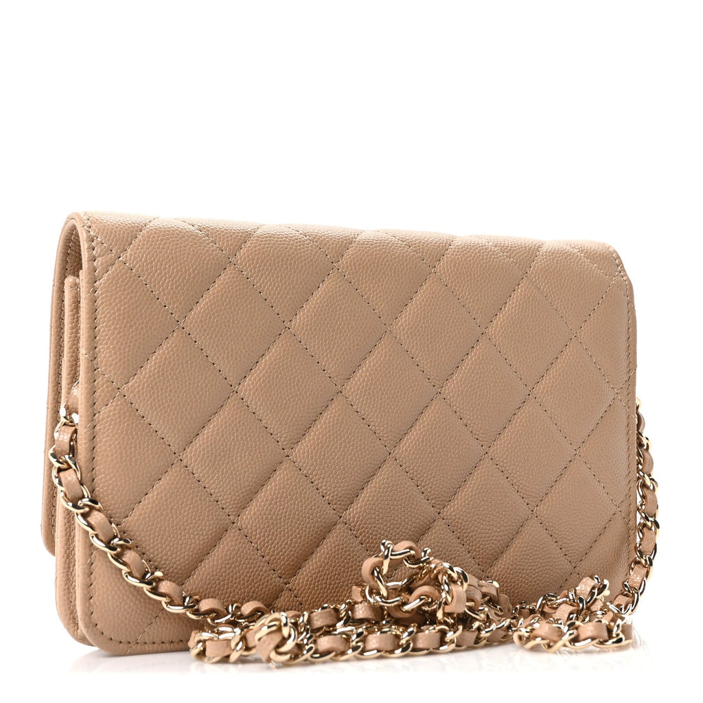 Caviar Quilted Crystal CC Wallet On Chain WOC Beige