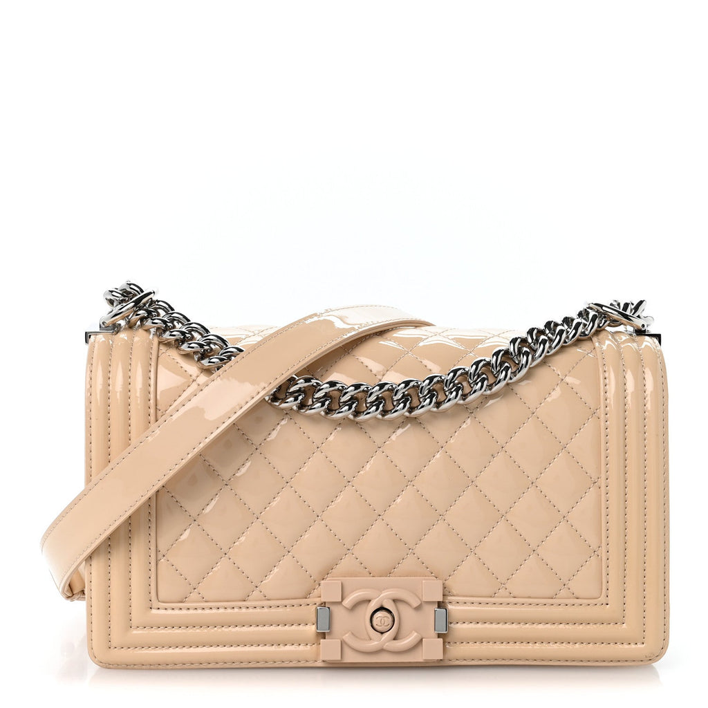 Patent Calfskin Quilted Medium Plexiglass Boy Flap Beige