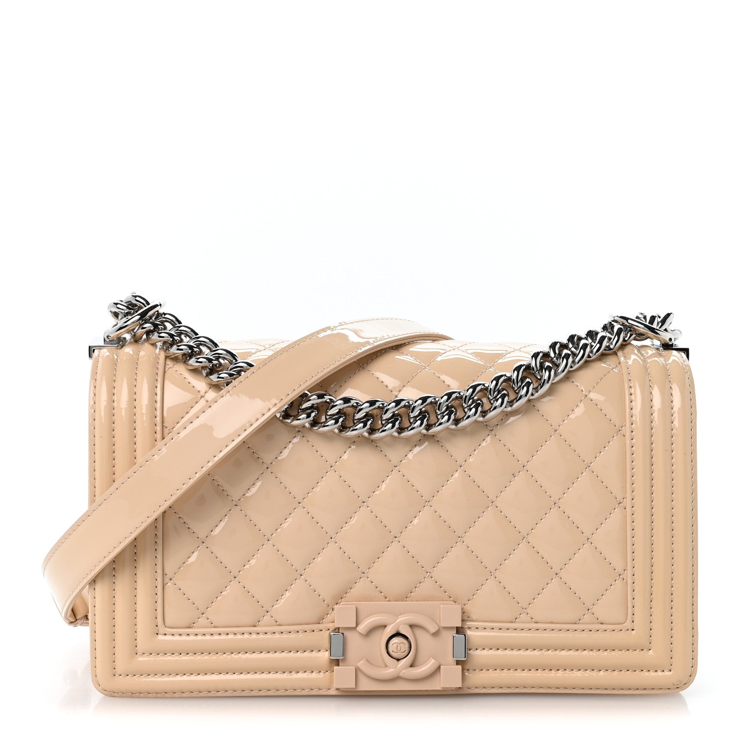 Patent Calfskin Quilted Medium Plexiglass Boy Flap Beige