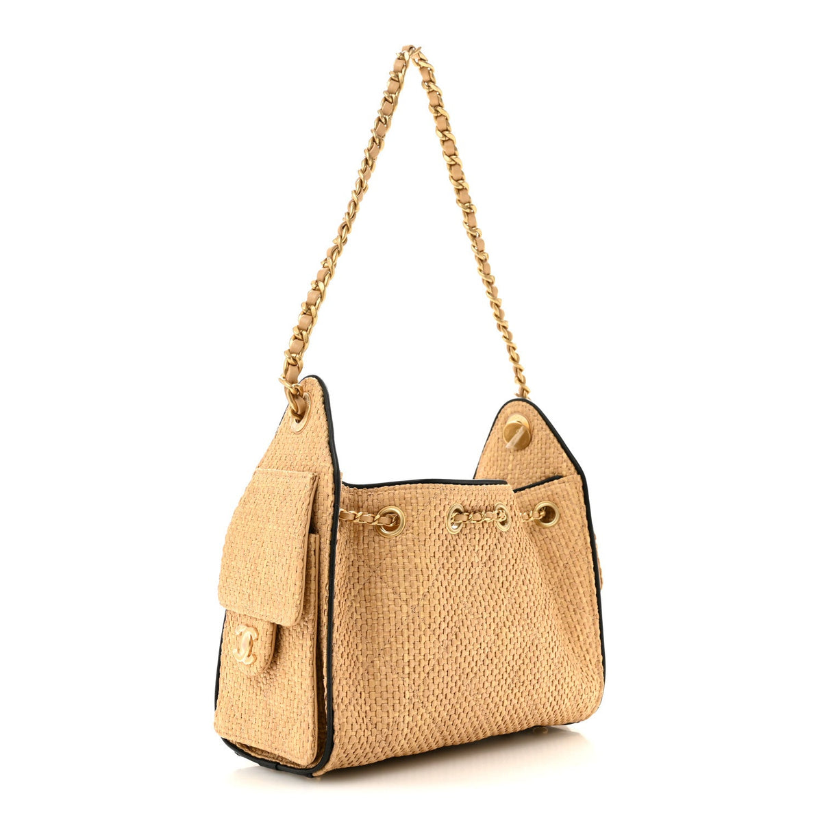 Braided Raffia Calfskin Quilted Mini Chanel 25 Handbag Beige Black