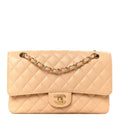 Caviar Quilted Medium Double Flap Beige