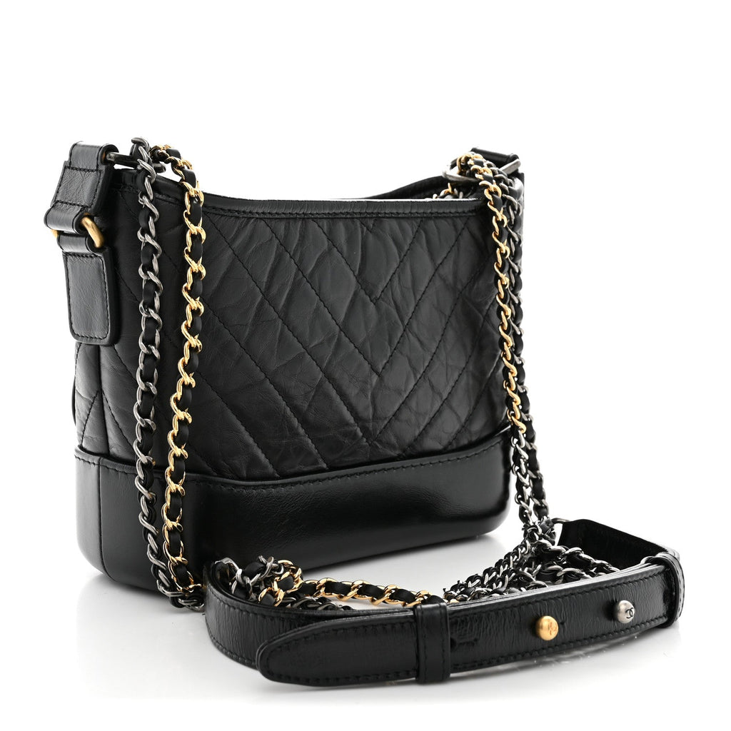 Aged Calfskin Chevron Quilted Small Gabrielle Hobo  Black