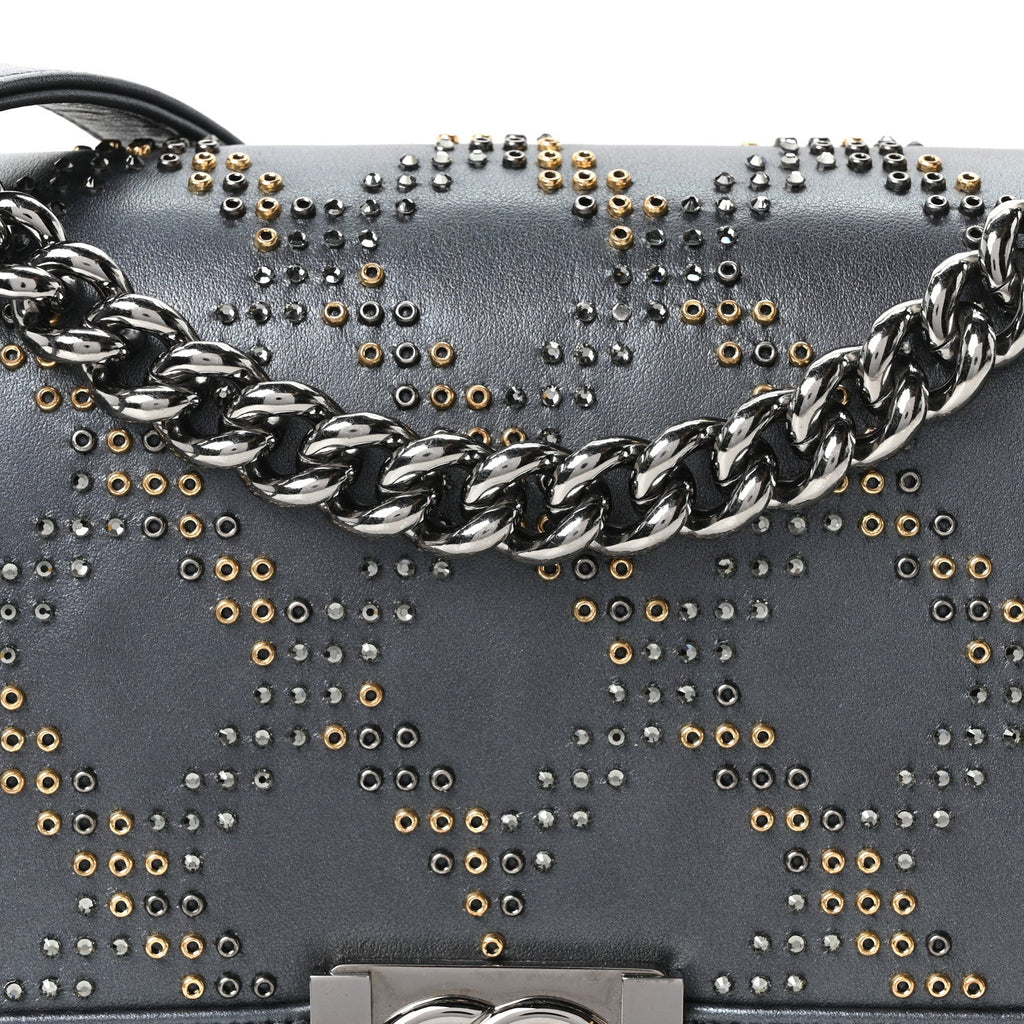 Metallic Calfskin Crystal Medium Boy Flap Dark Silver