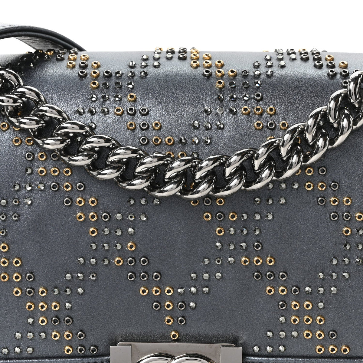 Metallic Calfskin Crystal Medium Boy Flap Dark Silver