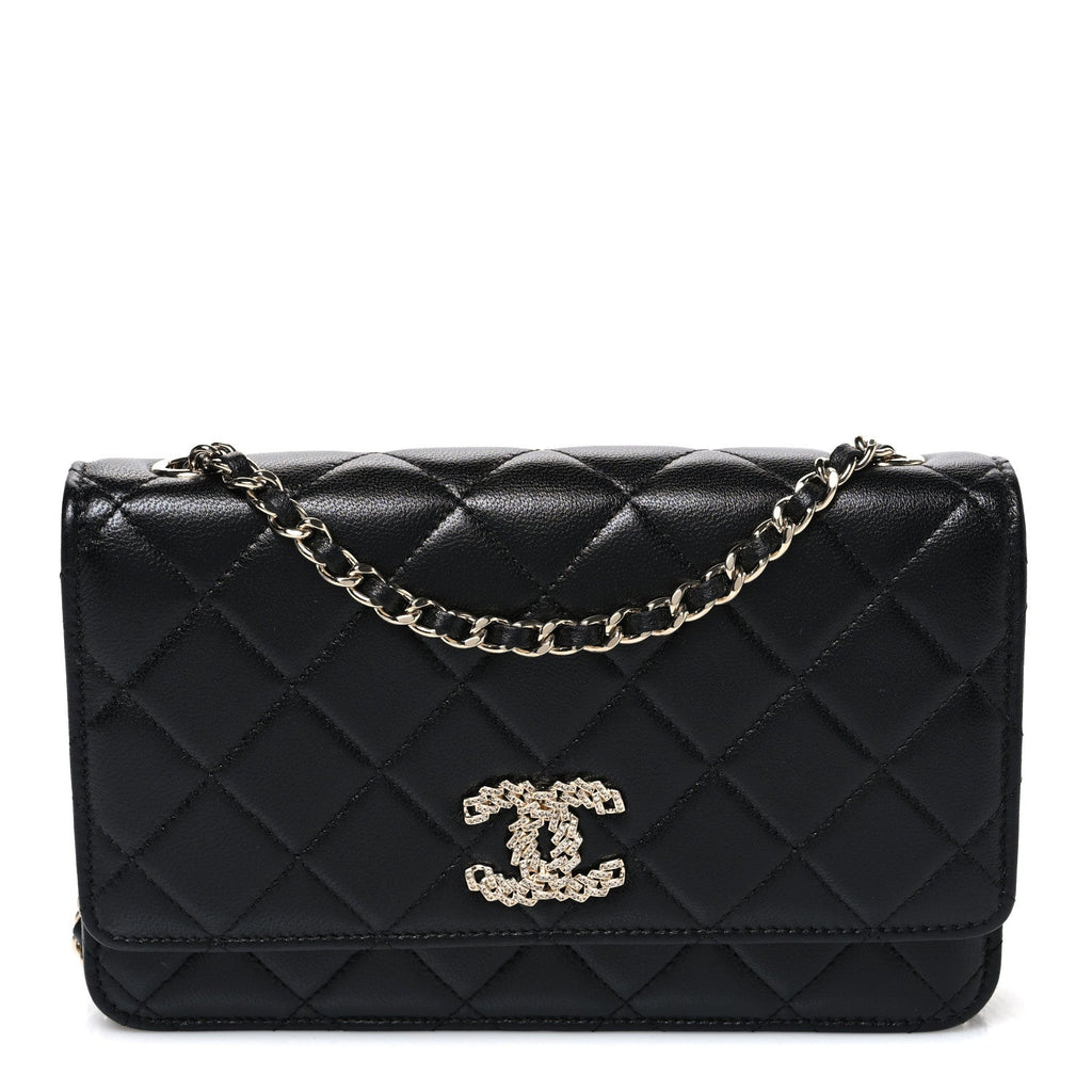 Lambskin Quilted Crystal CC Wallet On Chain WOC Black