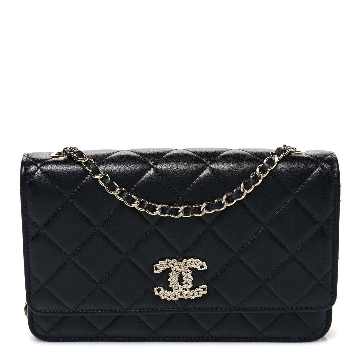 Lambskin Quilted Crystal CC Wallet On Chain WOC Black