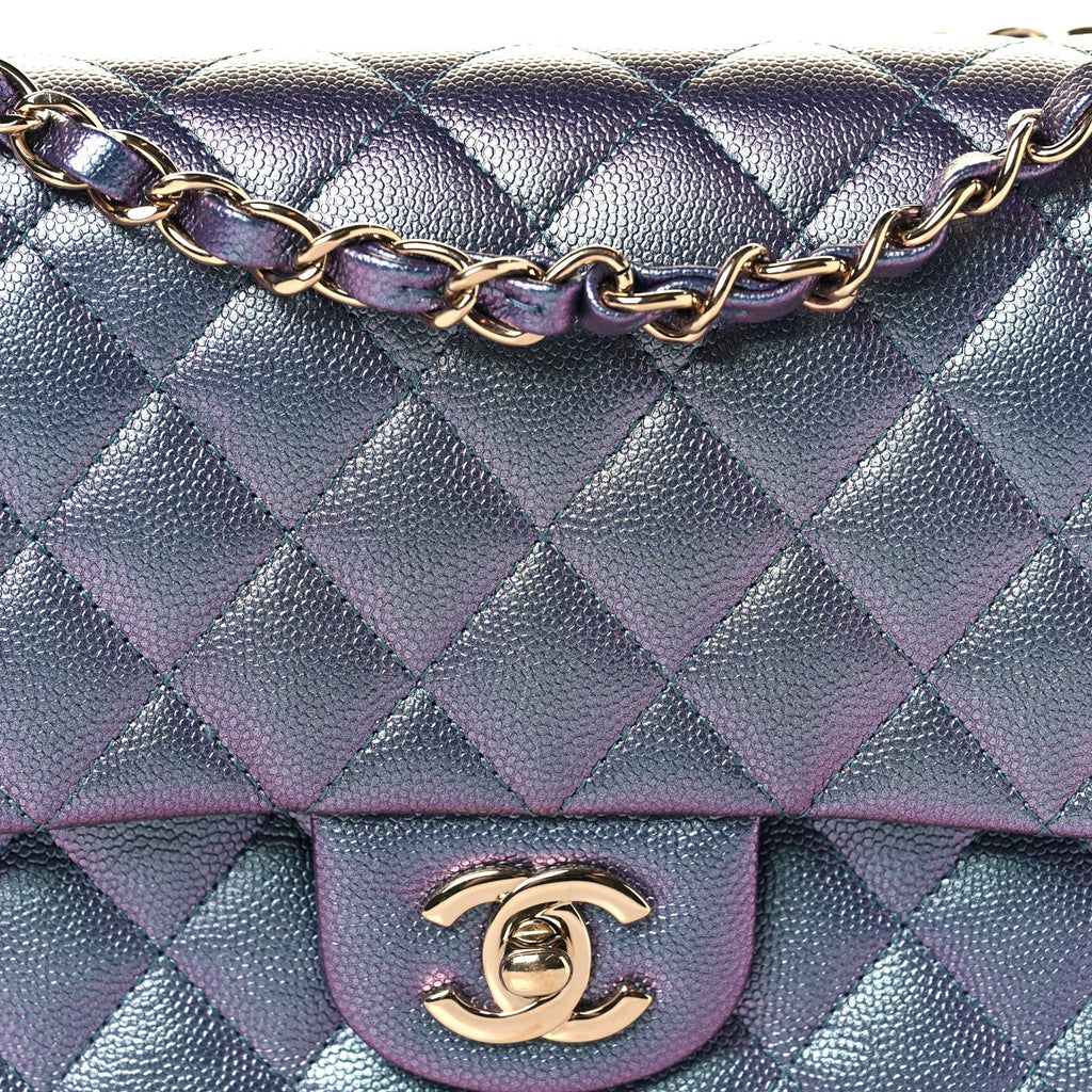 Iridescent Caviar Quilted Medium Double Flap Purple