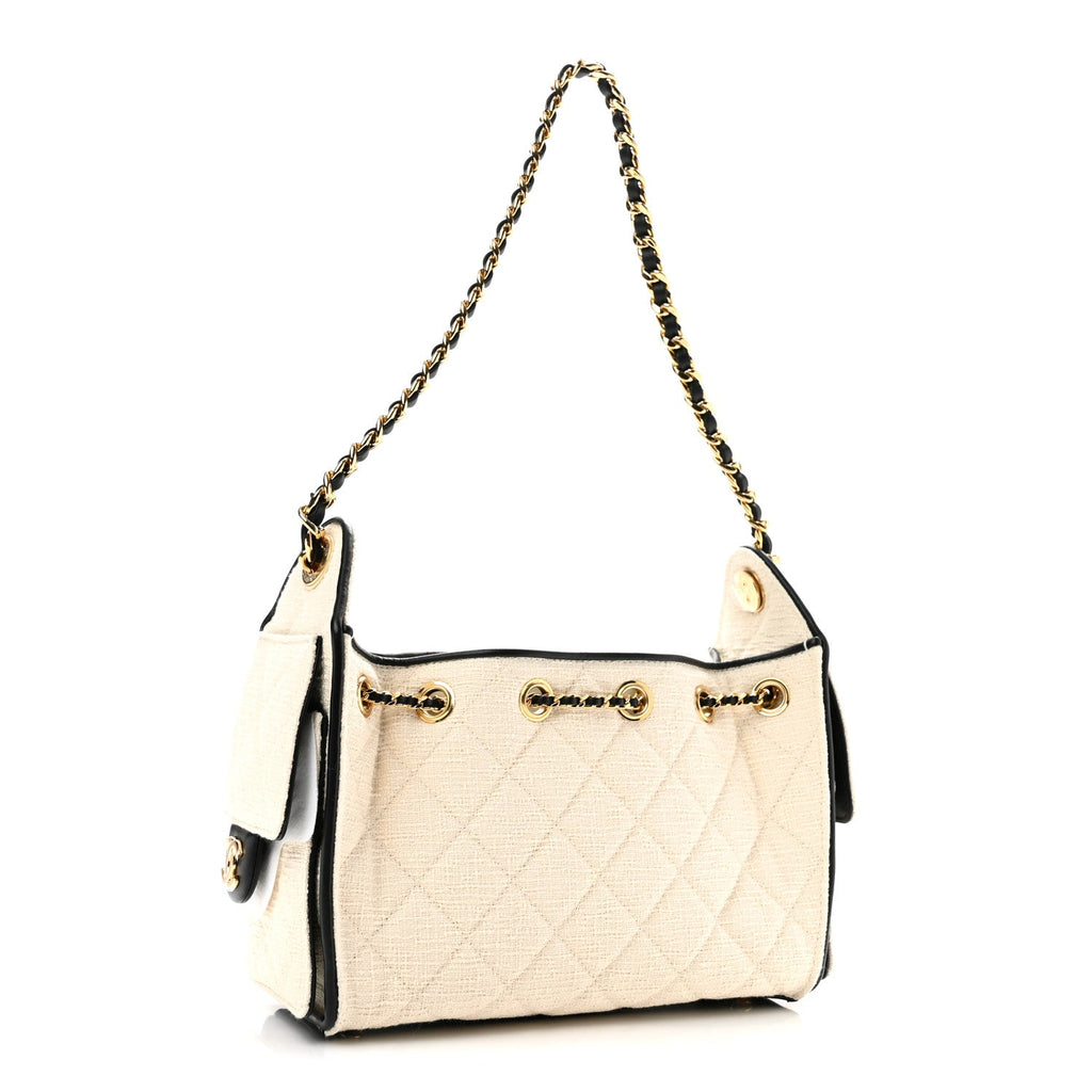 Canvas Calfskin Quilted Mini Chanel 25 Handbag Ecru Black