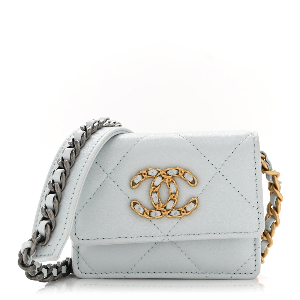 Lambskin Quilted Chanel 19 Flap Card Holder With Chain Light Blue