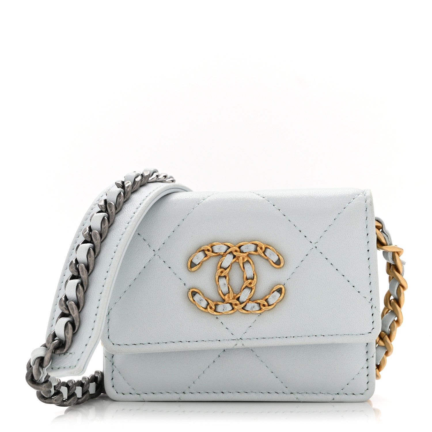 Lambskin Quilted Chanel 19 Flap Card Holder With Chain Light Blue
