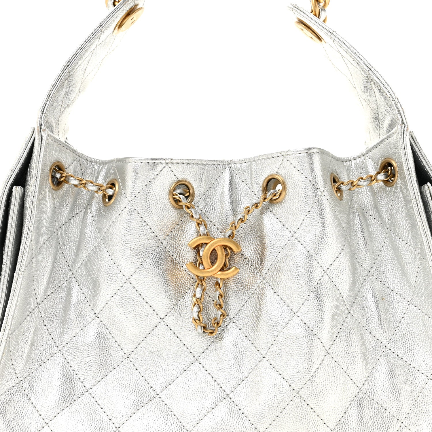 Metallic Caviar Quilted Small Chanel 25 Handbag Silver