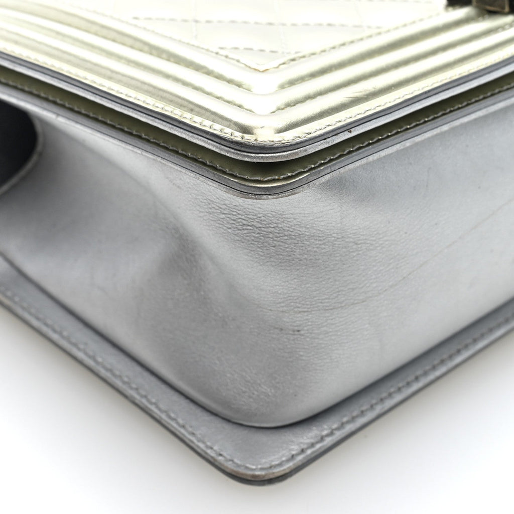 Metallic Patent Calfskin Quilted Medium Boy Flap Silver