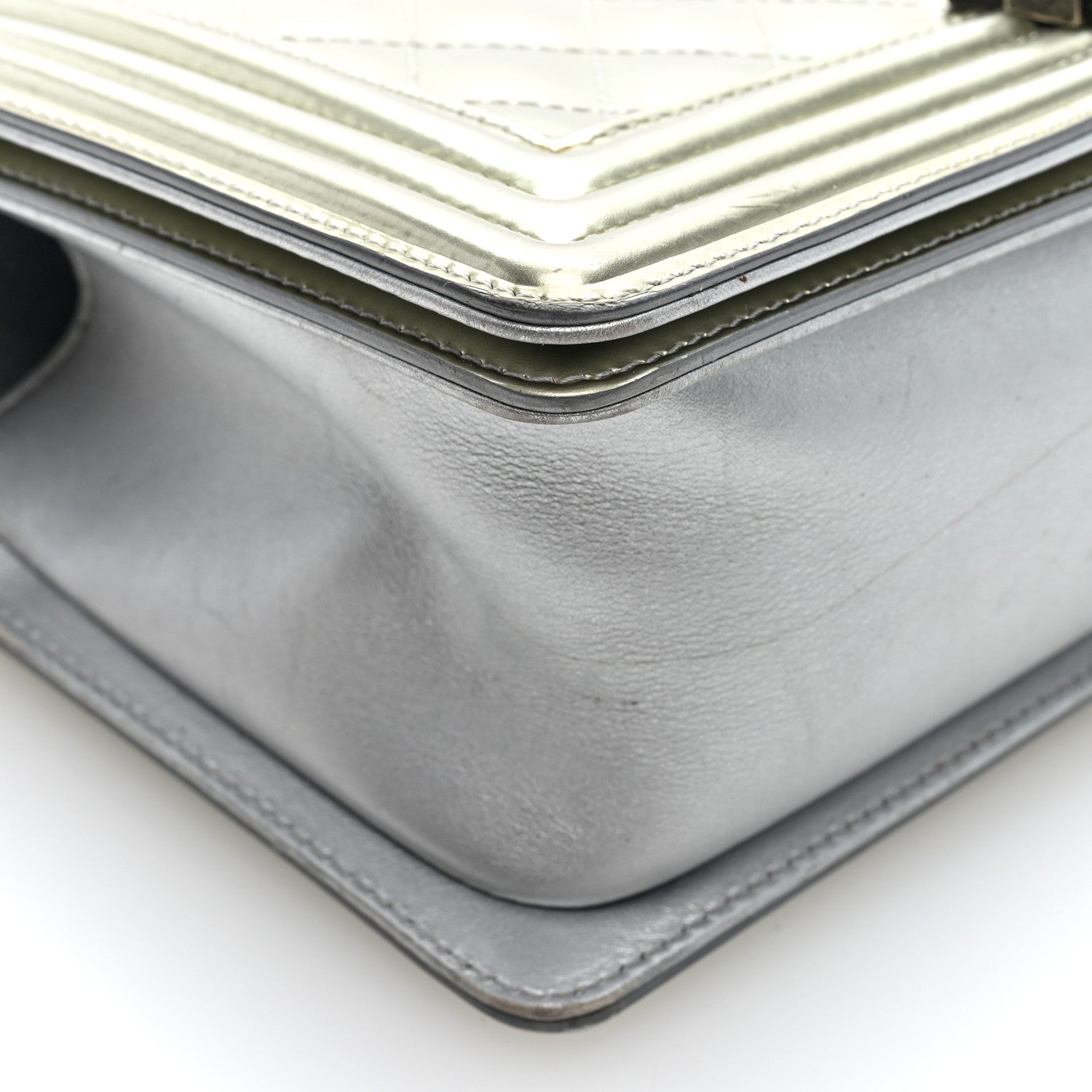 Metallic Patent Calfskin Quilted Medium Boy Flap Silver