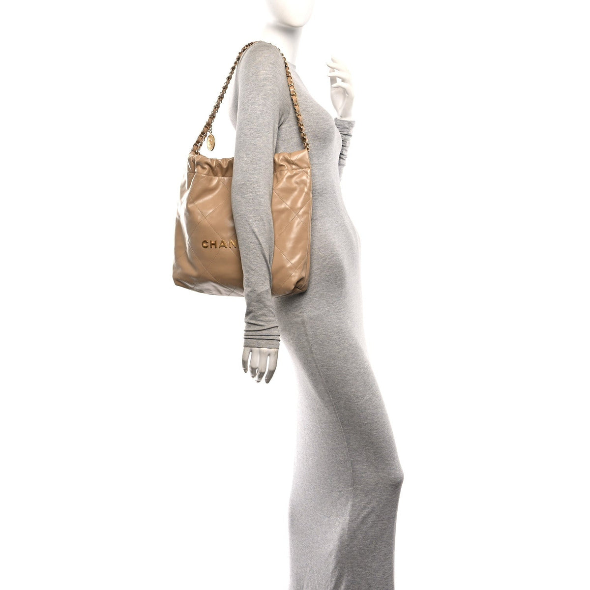 Shiny Calfskin Quilted Small Chanel 22 Beige