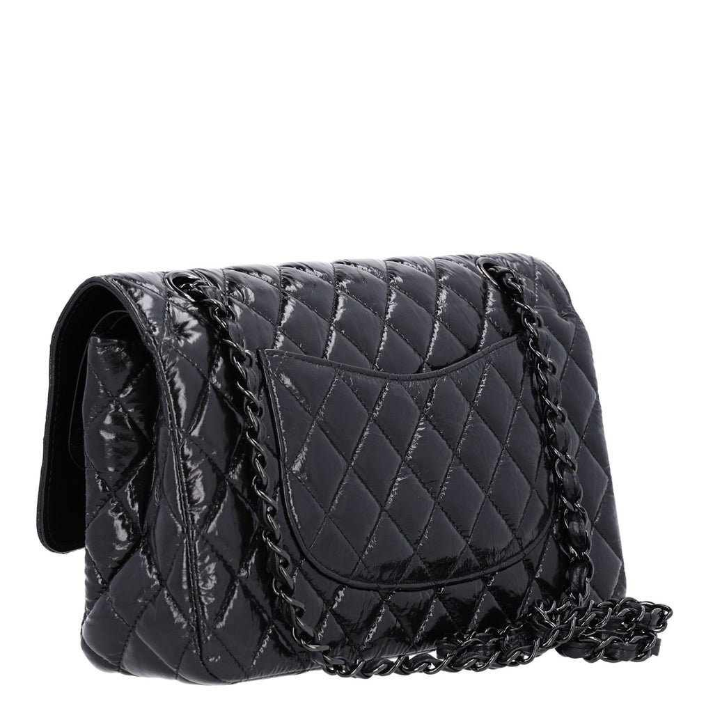 Shiny Crumpled Calfskin Quilted Medium Double Flap So Black