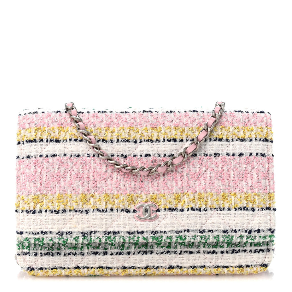 Metallic Tweed Quilted Wallet On Chain WOC White Multicolor