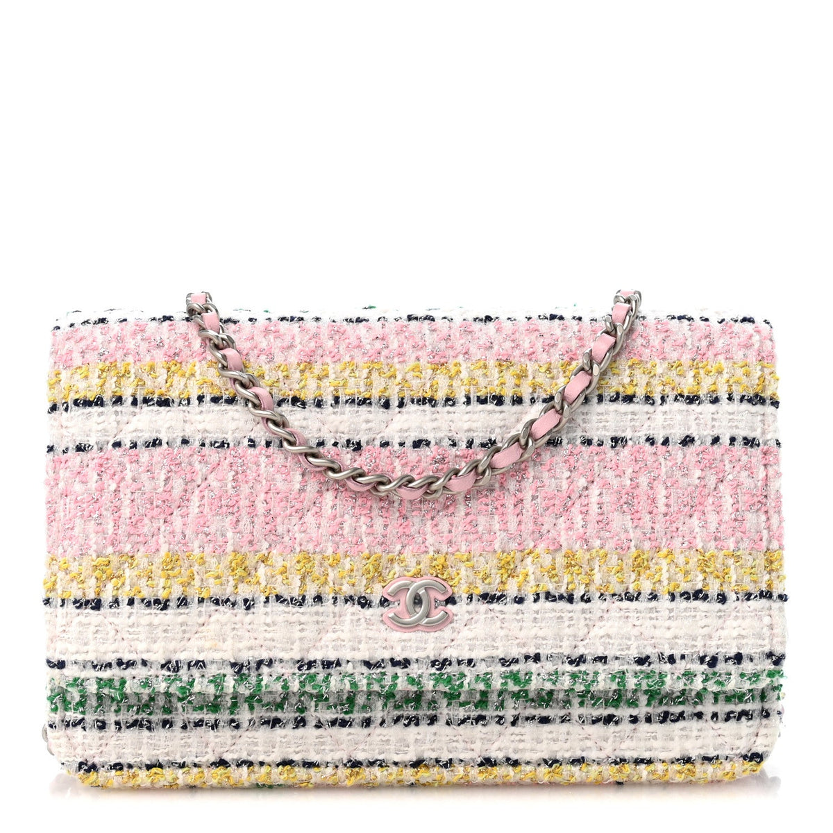 Metallic Tweed Quilted Wallet On Chain WOC White Multicolor