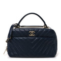 Lambskin Chevron Quilted Small Trendy CC Bowling Bag Navy Blue