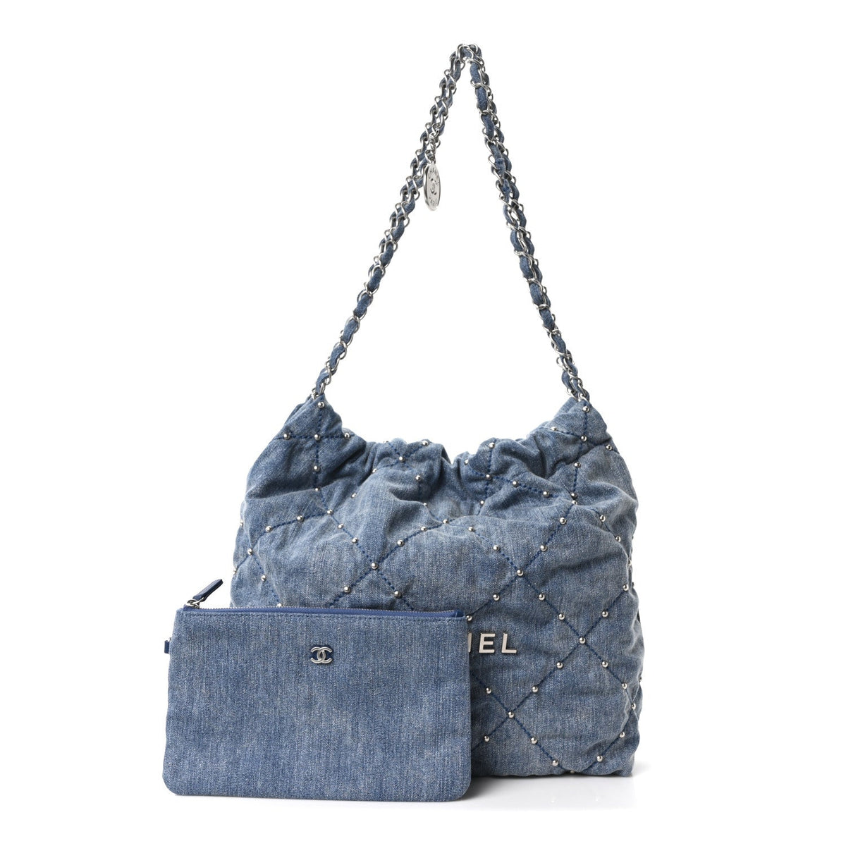 Washed Denim Quilted Studded Small Chanel 22 Blue