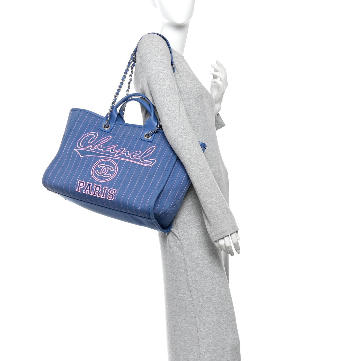 Canvas Calfskin Striped Medium Deauville Tote Blue