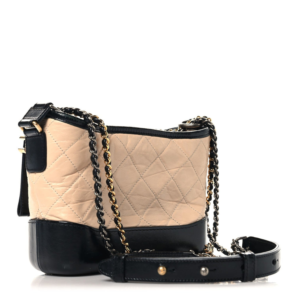 Aged Calfskin Quilted Small Gabrielle Hobo Beige Black