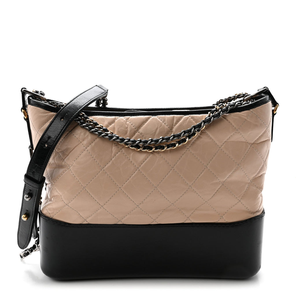 Aged Calfskin Quilted Medium Gabrielle Hobo Beige Black