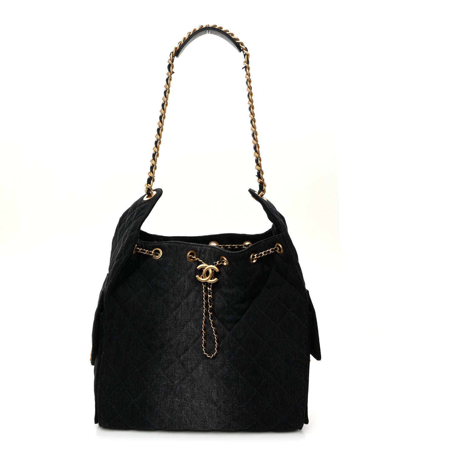Washed Denim Quilted Medium Chanel 25 Handbag Black