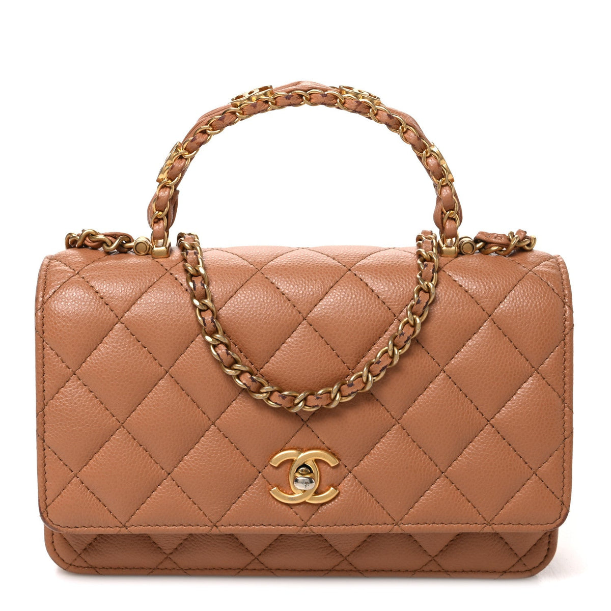 Shiny Caviar Quilted Pick Me Up Wallet On Chain WOC Beige