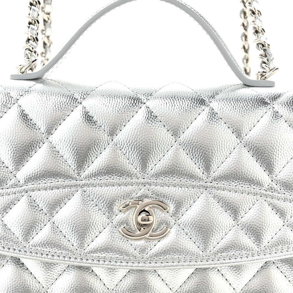 Metallic Caviar Quilted Top Handle Wallet on Chain WOC Silver