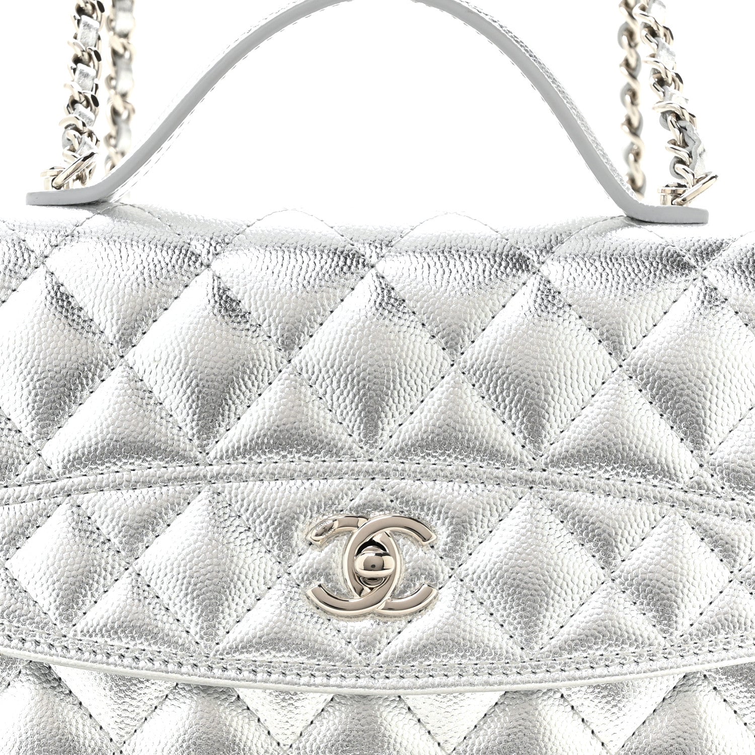 Metallic Caviar Quilted Top Handle Wallet on Chain WOC Silver