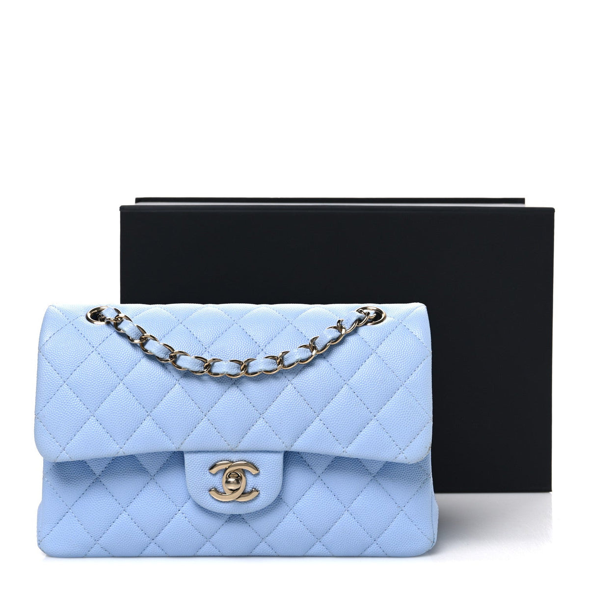 Caviar Quilted Small Double Flap Light Blue