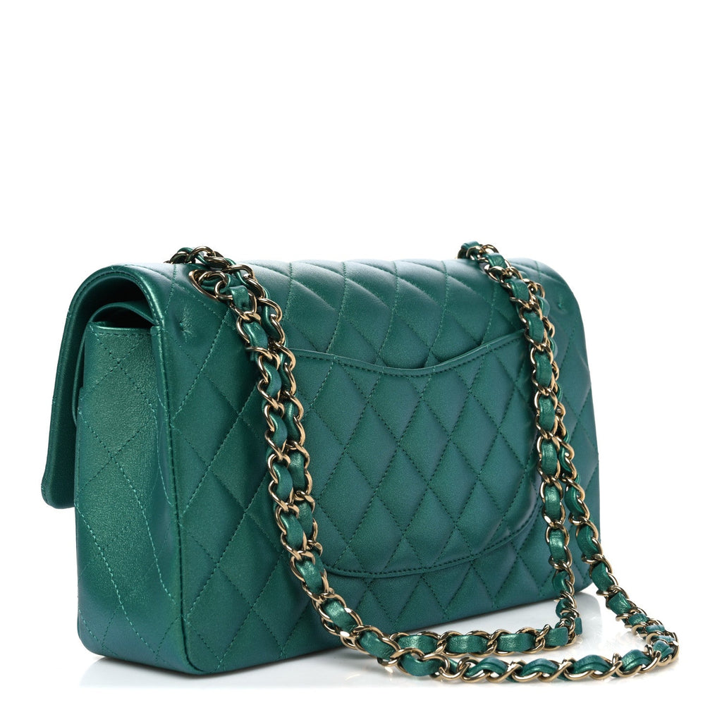 Iridescent Calfskin Quilted Medium Double Flap Green