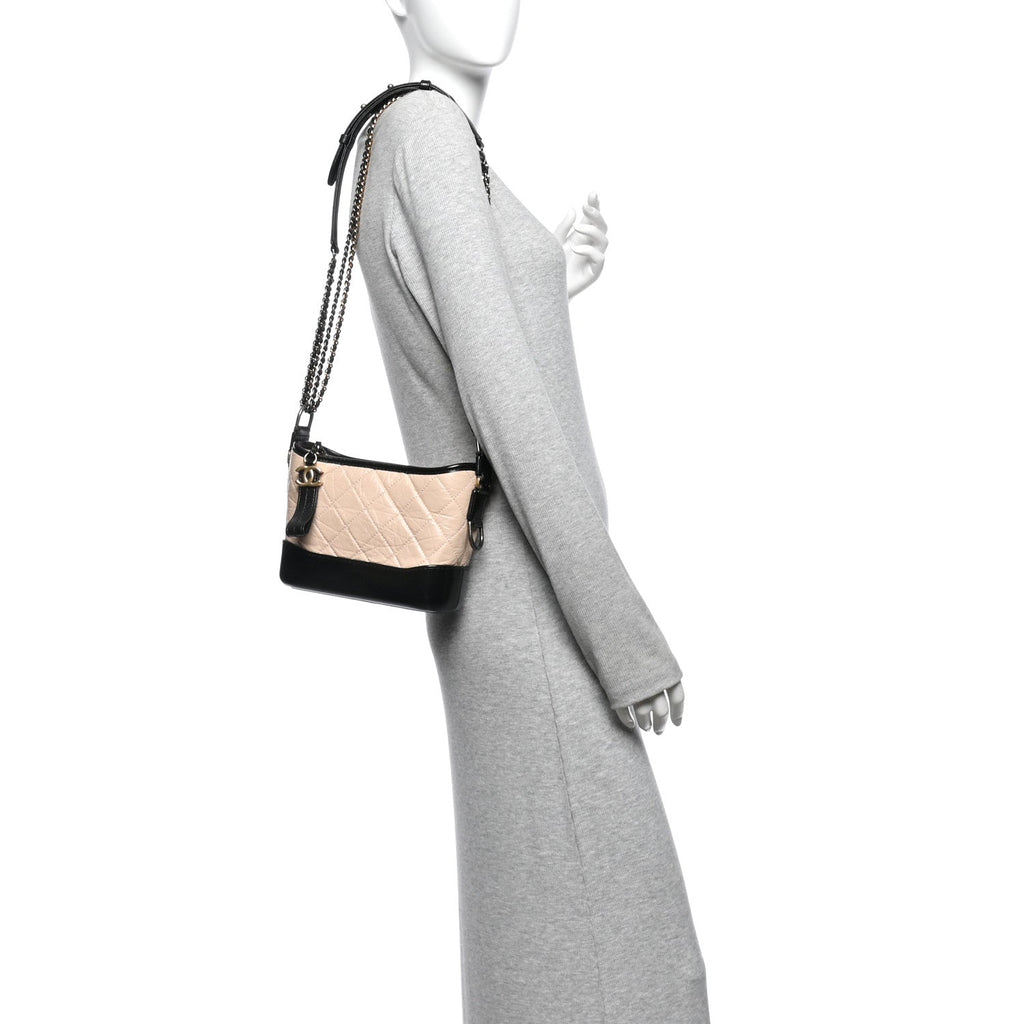 Aged Calfskin Quilted Small Gabrielle Hobo Beige Black
