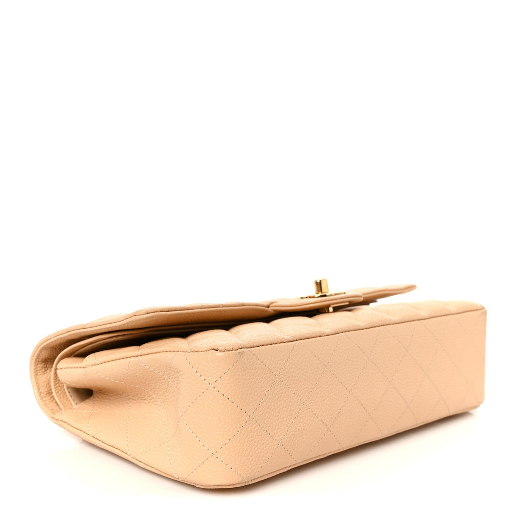 Caviar Quilted Medium Double Flap Beige
