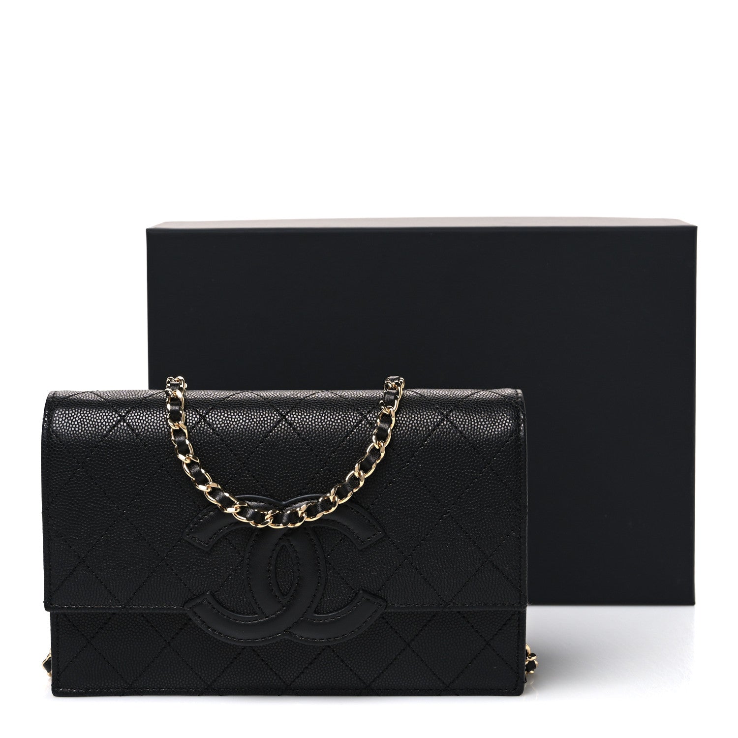Shiny Caviar Lambskin Quilted CC Neo Filigree Wallet on Chain WOC Black