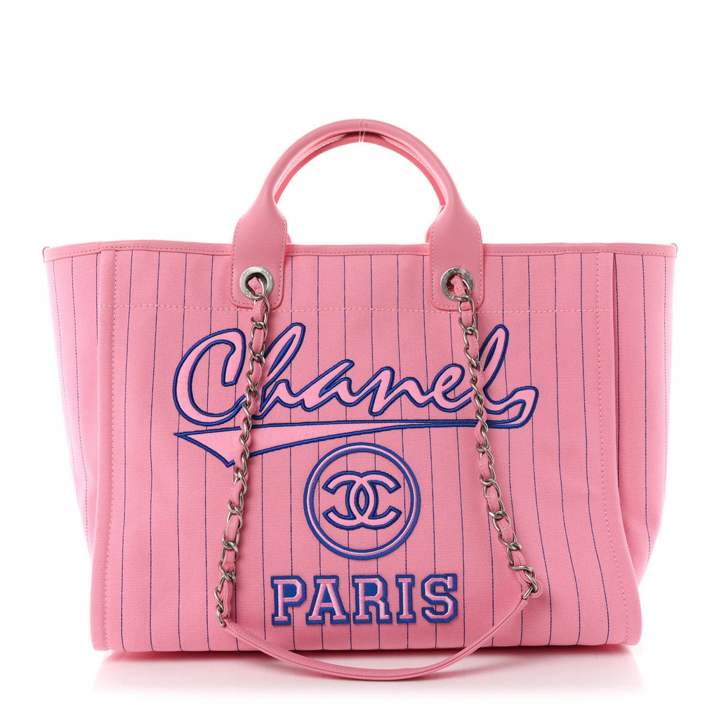 Canvas Calfskin Striped Large Deauville Tote Pink Blue