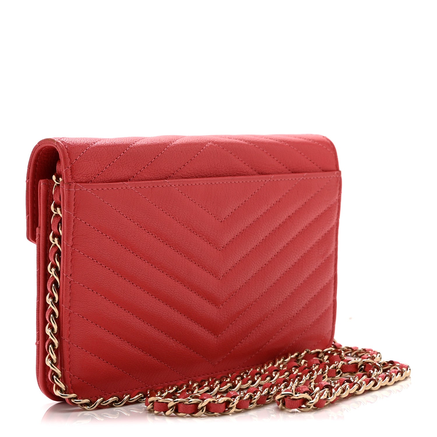 Shiny Goatskin Chevron Quilted Statement Wallet On Chain WOC Red