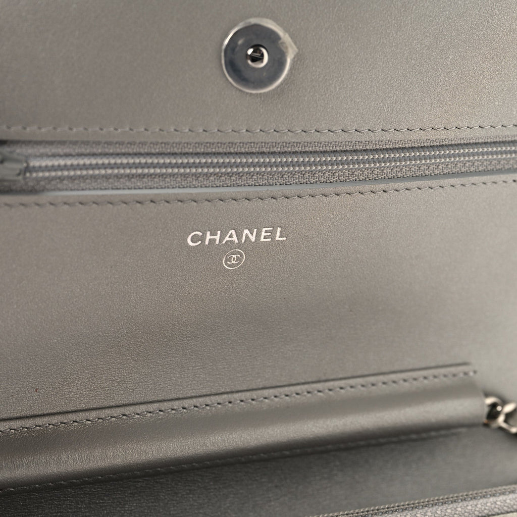 Metallic Crumpled Calfskin Quilted Flap Charm Wallet On Chain WOC Silver